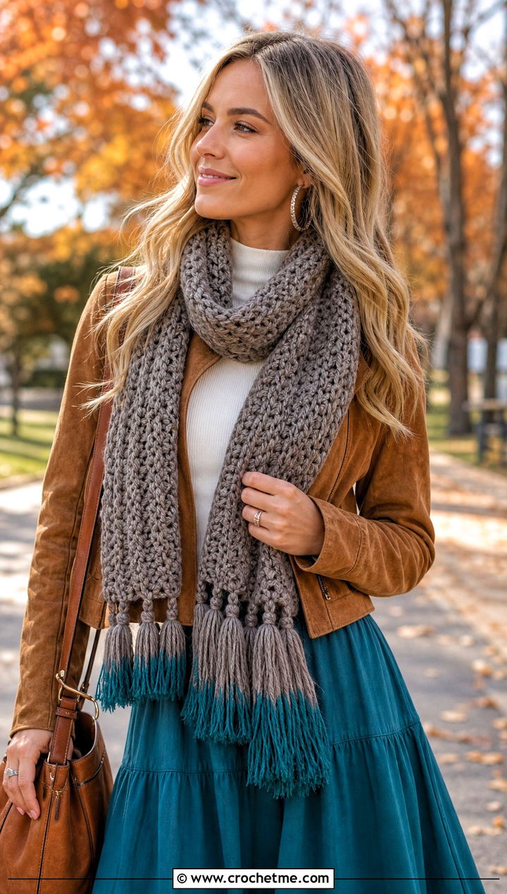 Tassel Chunky Gray Crochet Scarf With Suede Jacket And Maxi Skirt - 15 Chunky Gray Crochet Scarf outfit ideas