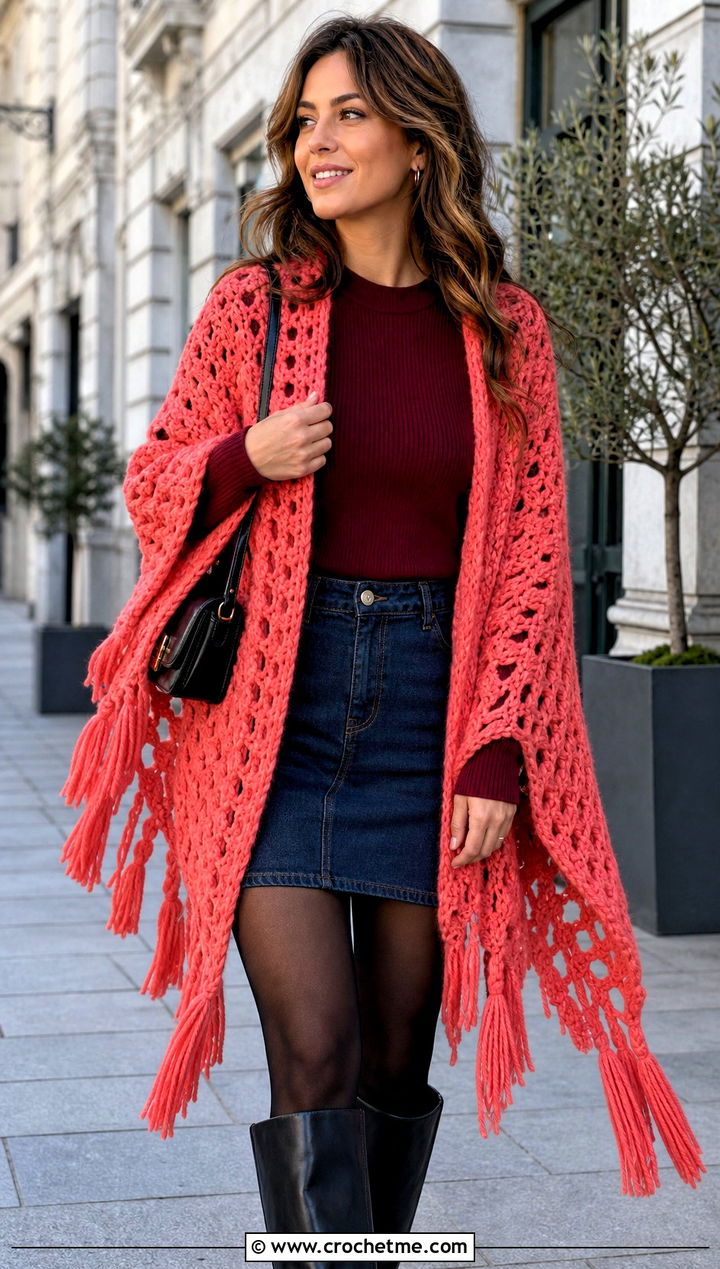 Tassel Chunky Shawl With Sweater And Mini Skirt - 25 Crochet Chunky Shawl outfit ideas
