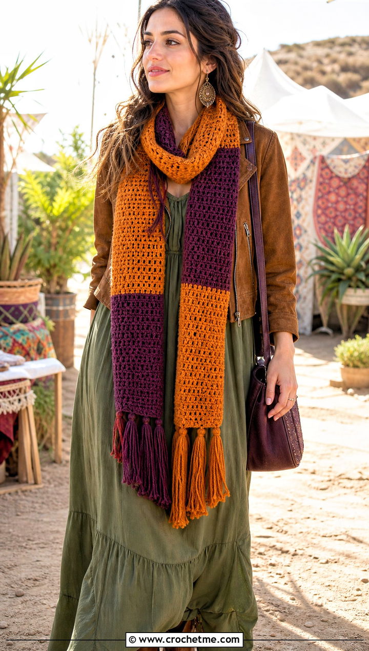 Tassel Color Block Crochet Scarf With Maxi Dress - 25 Color Block Crochet Scarf outfit ideas