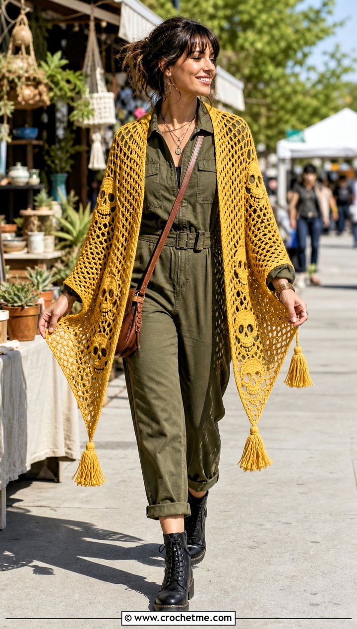 Tassel Corner Crochet Skull Shawl With a Utility Jumpsuit - 35 crochet skull shawl outfit ideas