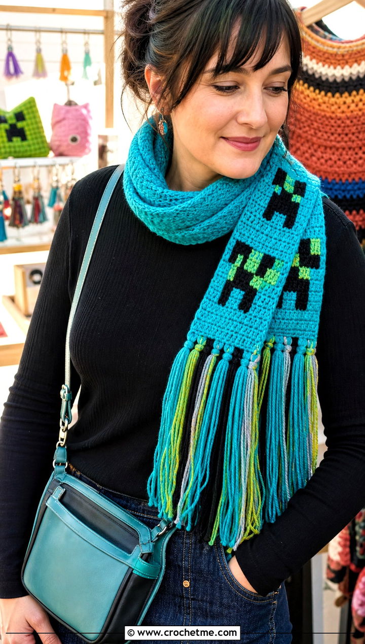 Tassel Creeper Scarf With Denim Midi Skirt - 15 minecraft creeper crochet scarf outfit ideas