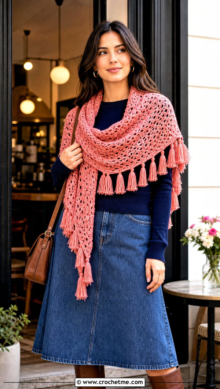 Tassel Crescent Crochet Shawl With Denim Skirt - 25 Crescent Crochet Shawl outfit ideas