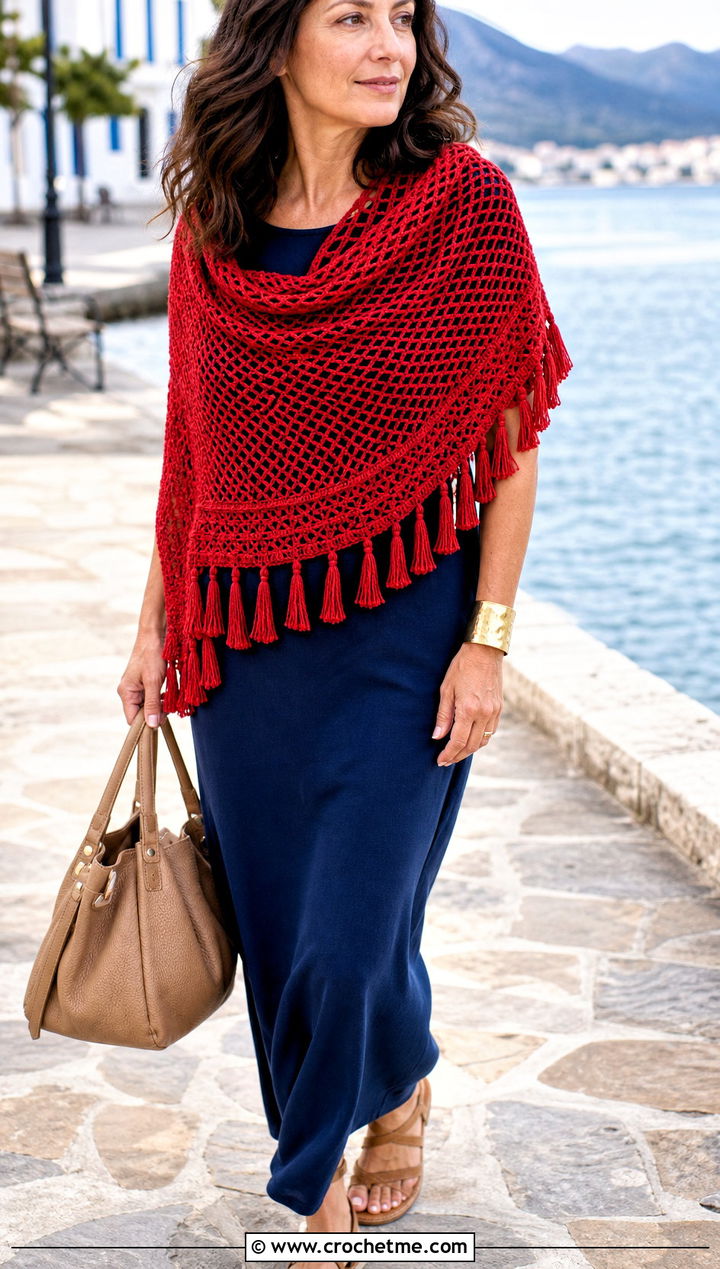 Tassel Crescent Shawl With Maxi Dress - 30 boho crochet shawl outfit ideas