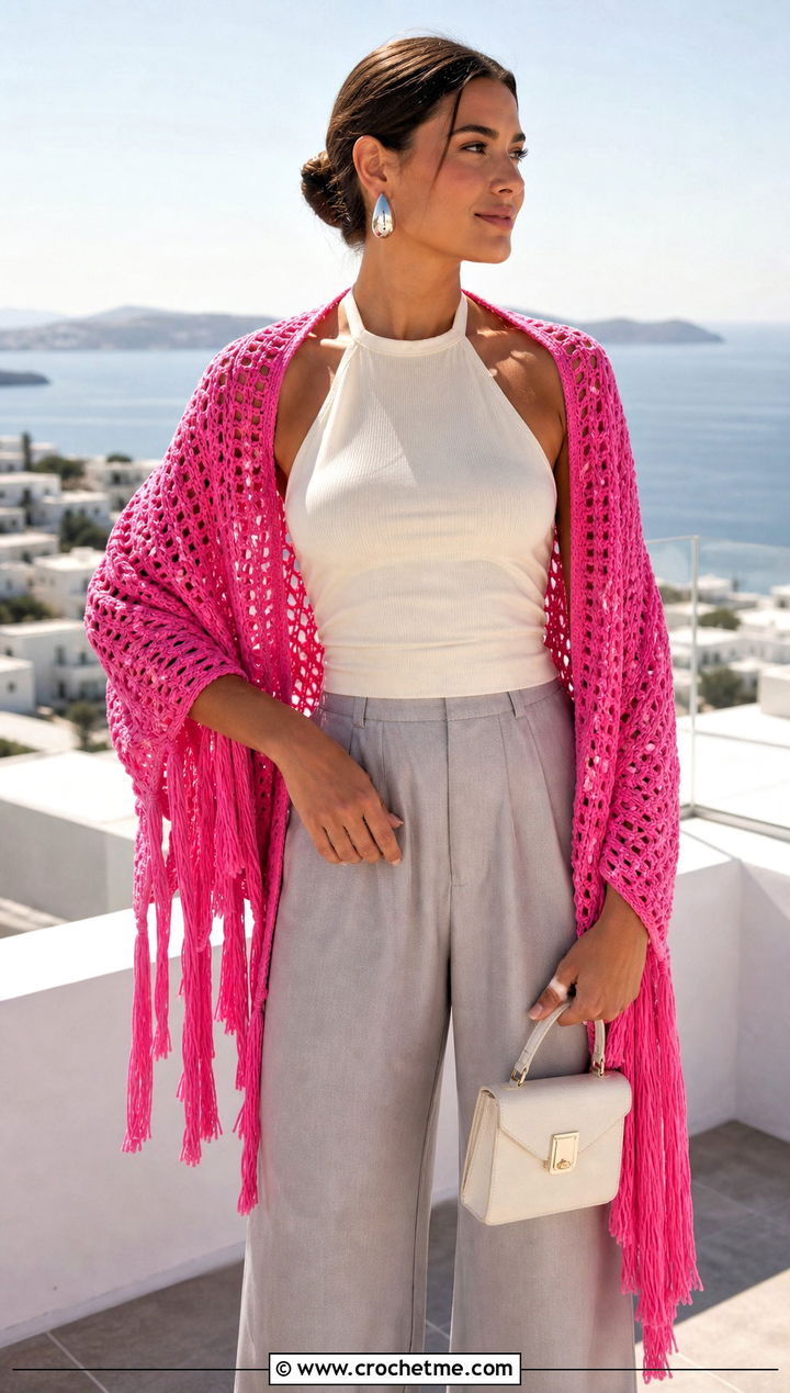 Tassel Crochet Beach Shawl With Wide Leg Pants - 25 crochet beach shawl outfit ideas
