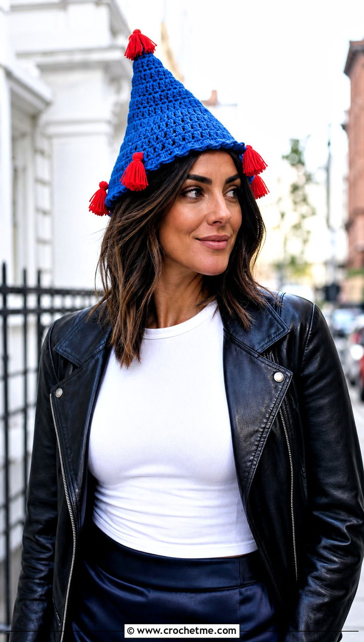Tassel Crochet Birthday Hat With Leather Jacket - 30 crochet birthday hat outfit ideas