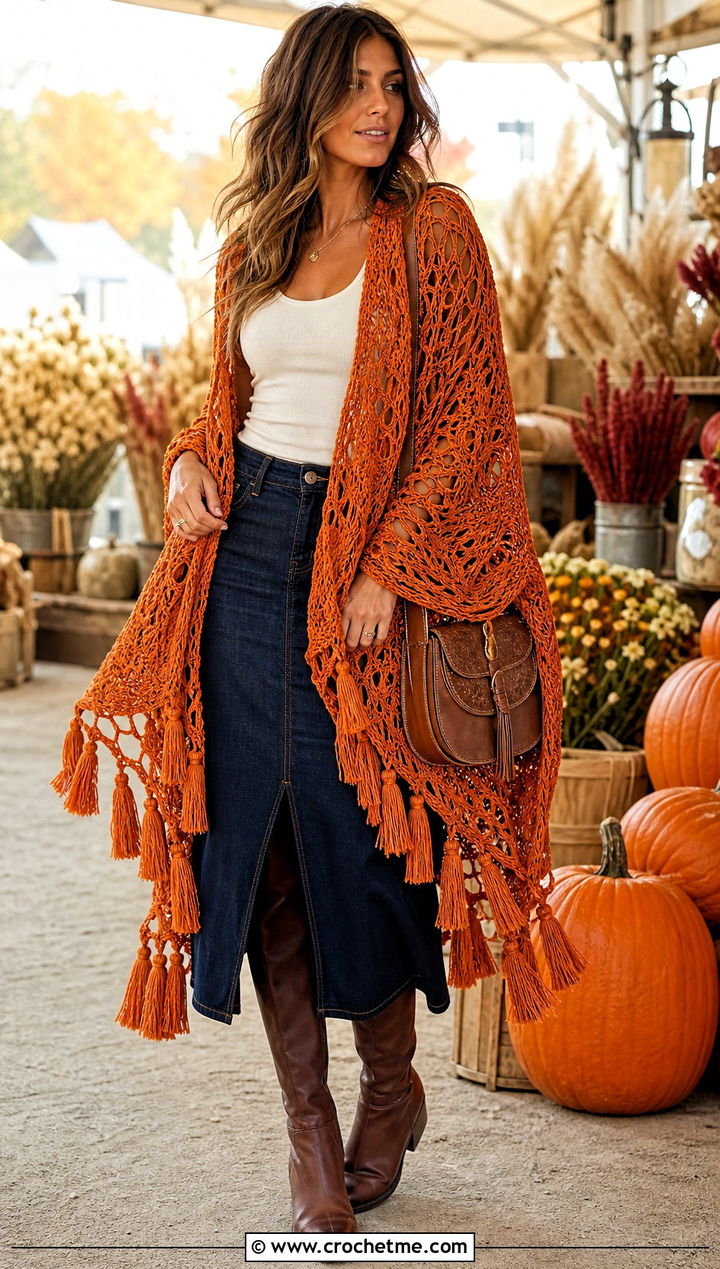 Tassel Crochet Boho Shawl With Denim Midi Skirt - 30 crochet boho shawl outfit ideas