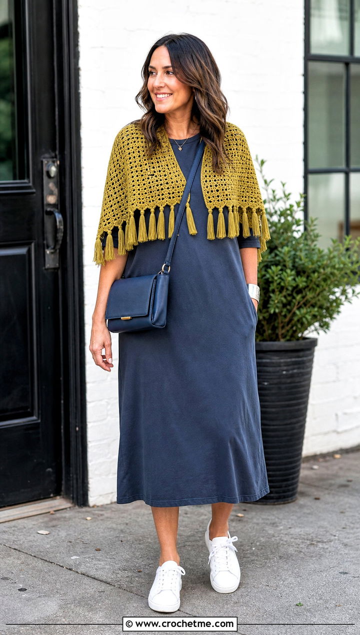 Tassel Crochet Capelet Shawl With T Shirt Dress - 30 crochet caplet shawl outfit ideas