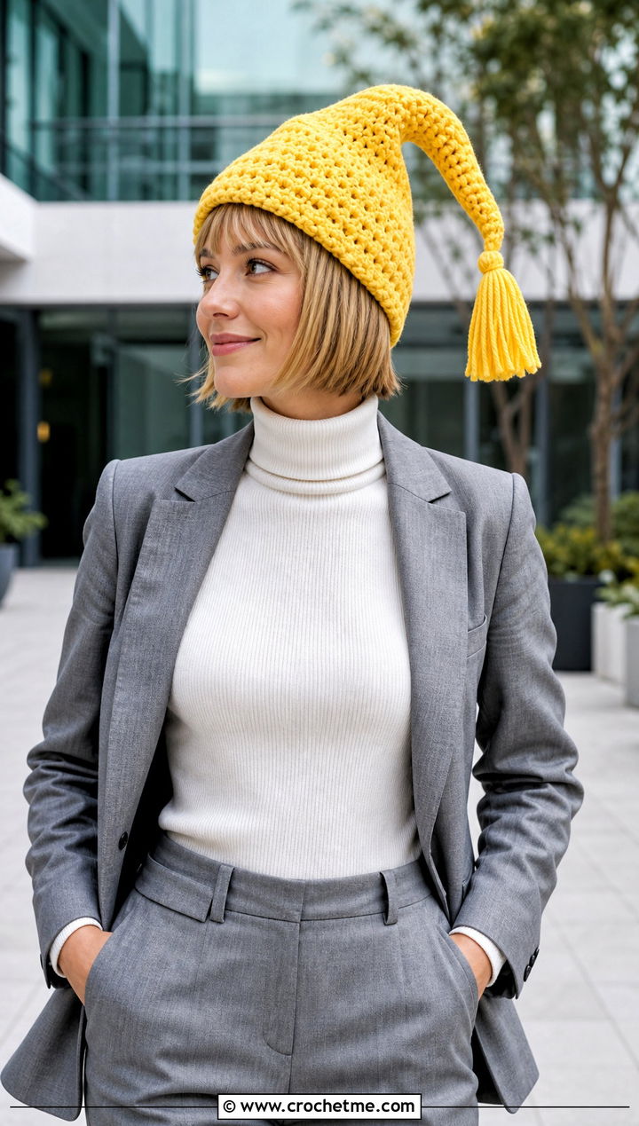 Tassel Crochet Cindy Lou Who Hat With Blazer And Trousers - 20 Crochet Cindy Lou Who Hat outfit ideas