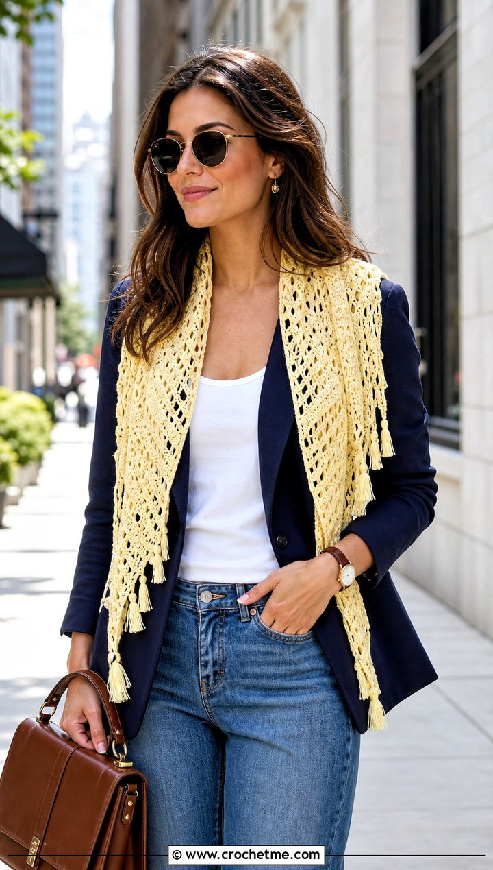 Tassel Crochet Cotton Shawl With Blazer And Jeans - 15 Crochet Cotton Shawl outfit ideas