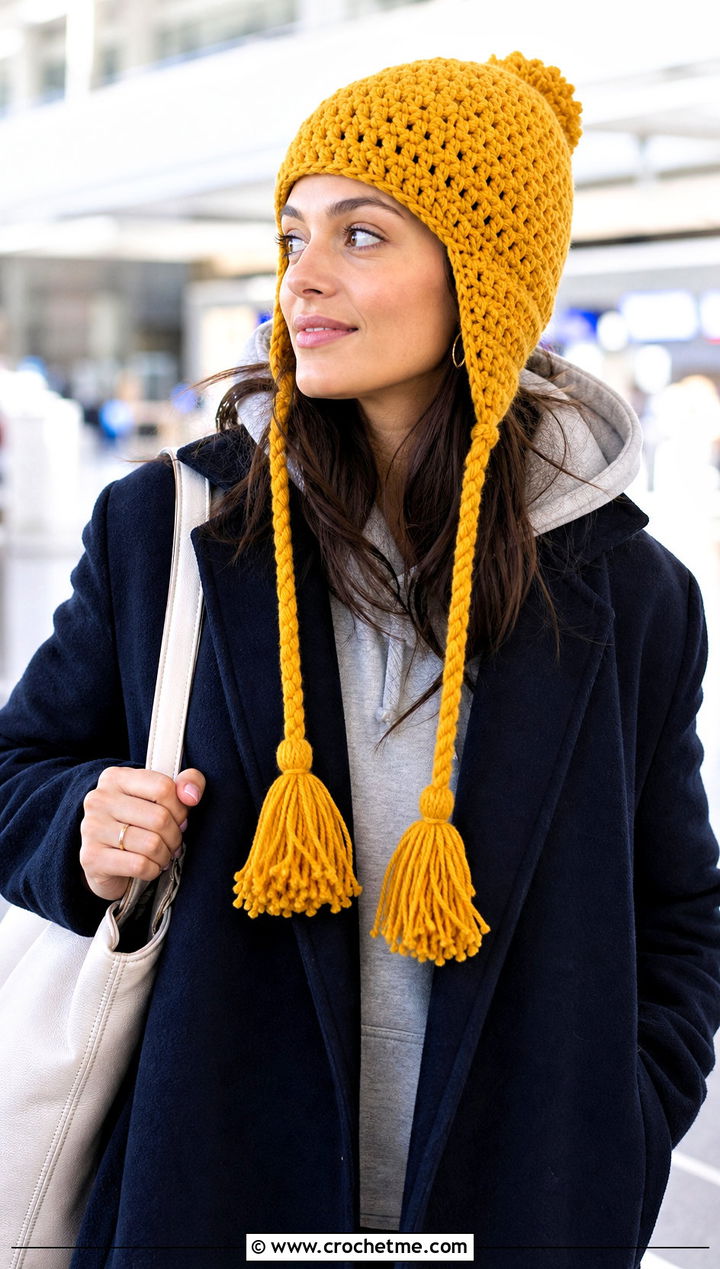 Tassel Crochet Earflap Beanie With Hoodie And Long Coat - 15 Crochet Beanie With Earflaps outfit ideas