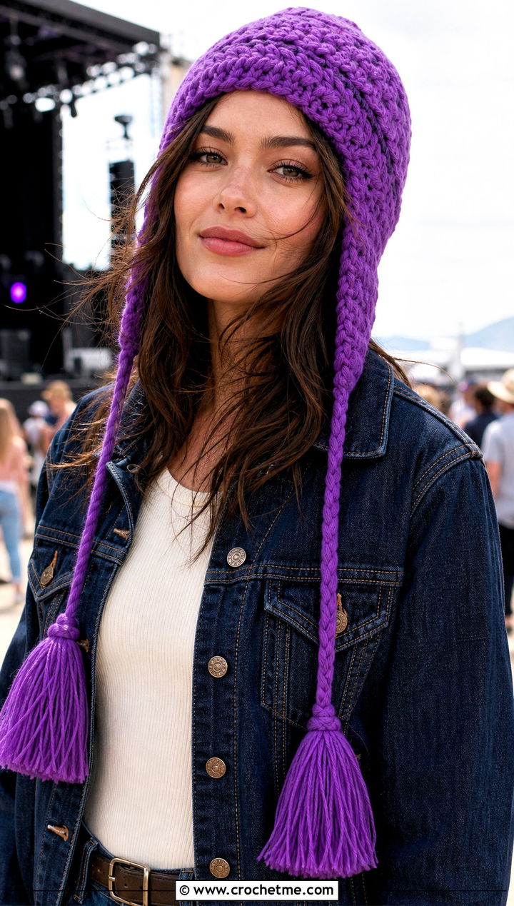 Tassel Crochet Earflap Beanie With Western Jacket - 30 crochet earflap beanie outfit ideas