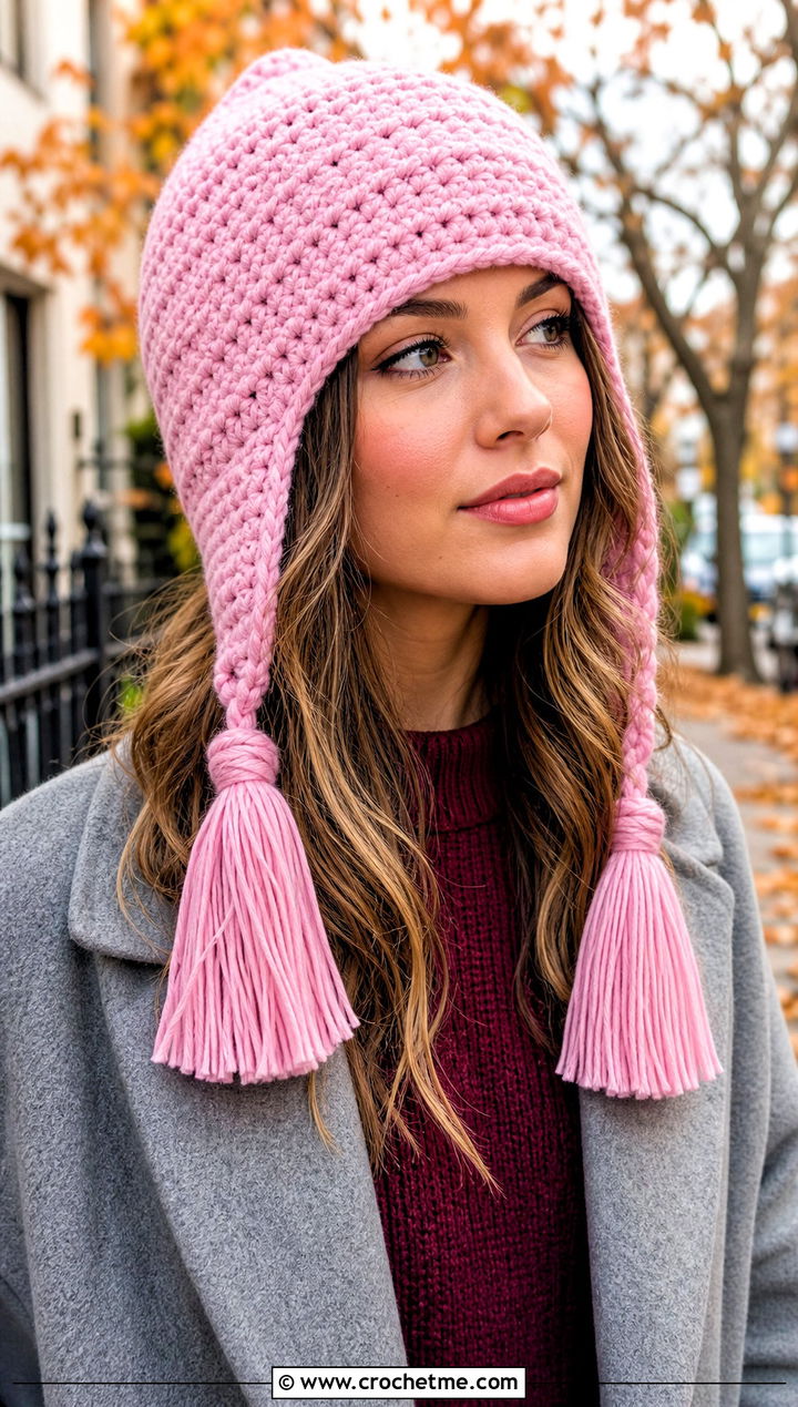 Tassel Crochet Earflap Hat With Sweater Skirt - 30 crochet flap hat outfit ideas