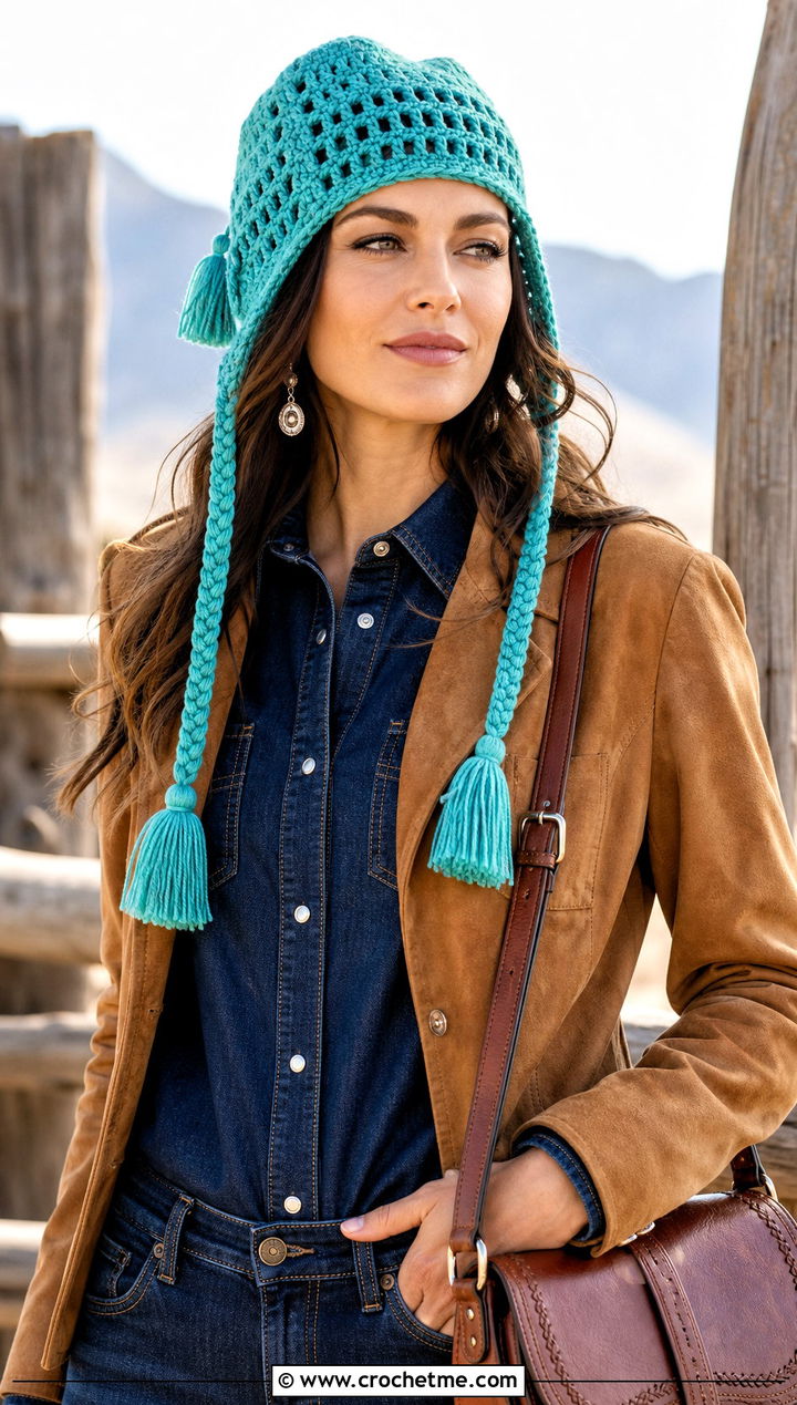 Tassel Crochet Earflap Hat With Western Denim Outfit - 15 Crochet Hat With Earflaps outfit ideas