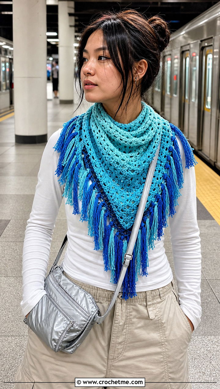 Tassel Crochet Fade Shawl With Cargo Pants - 15 Crochet Fade Shawl outfit ideas
