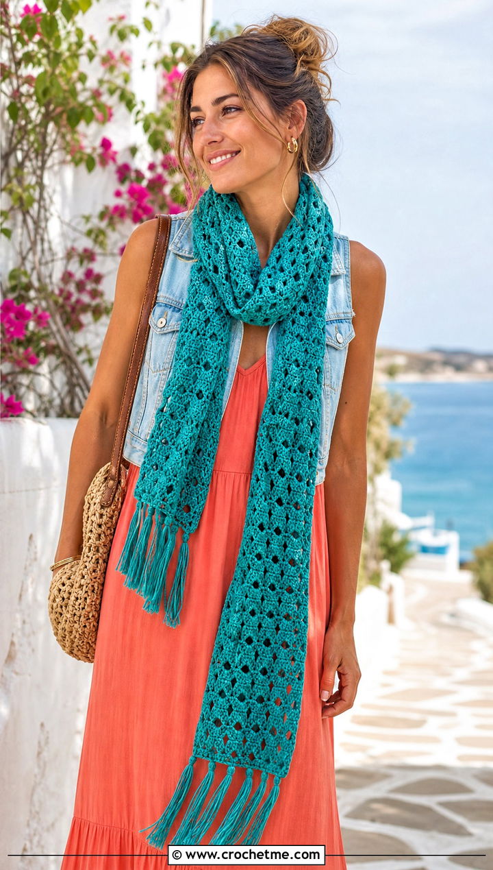 Tassel Crochet Granny Stitch Scarf With Maxi Dress - 30 crochet granny stitch scarf outfit ideas