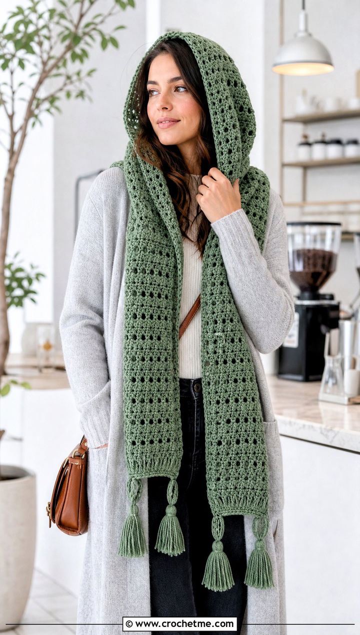 Tassel Crochet Hooded Scarf With Long Cardigan Outfit - 30 crochet scarf with hood outfit ideas