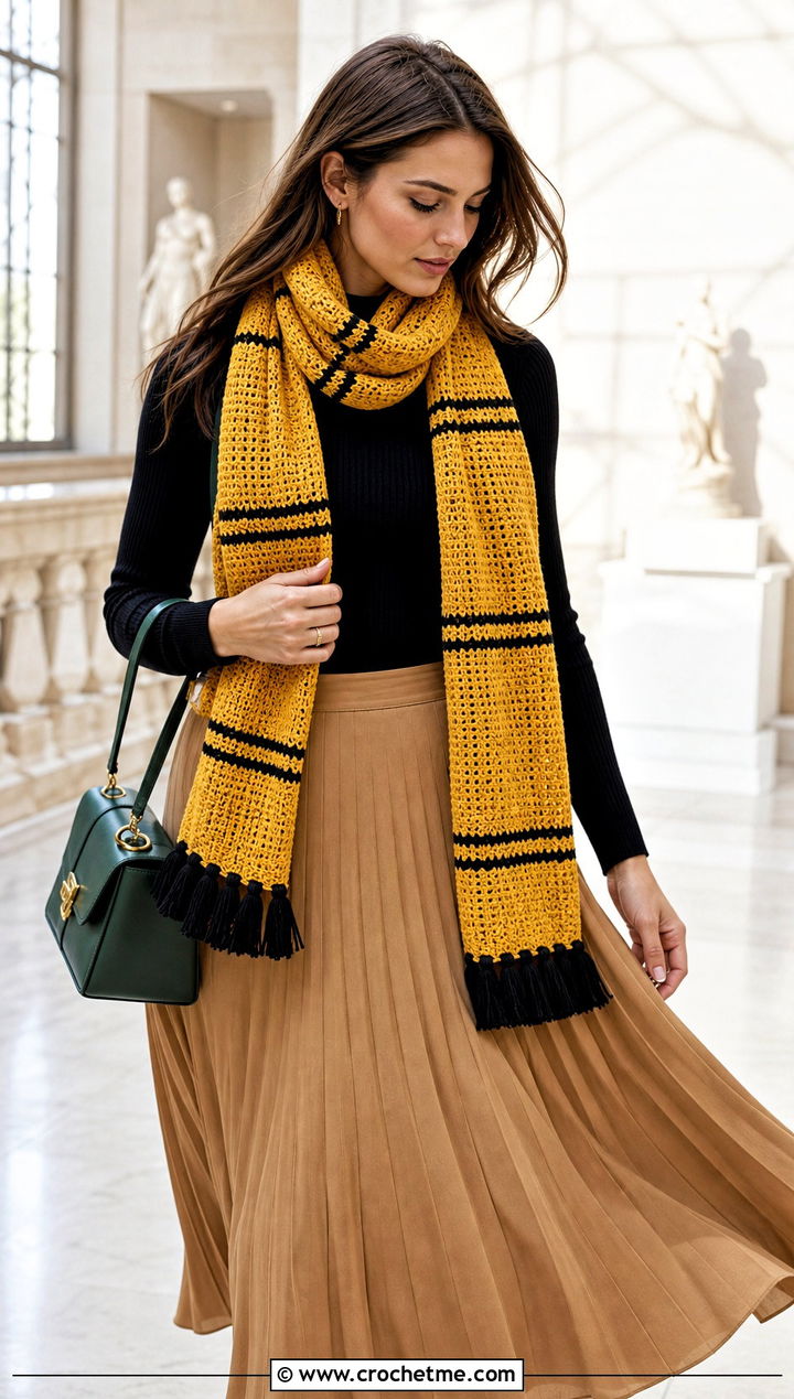 Tassel Crochet Hufflepuff Scarf With Pleated Skirt - 30 crochet hufflepuff scarf outfit ideas