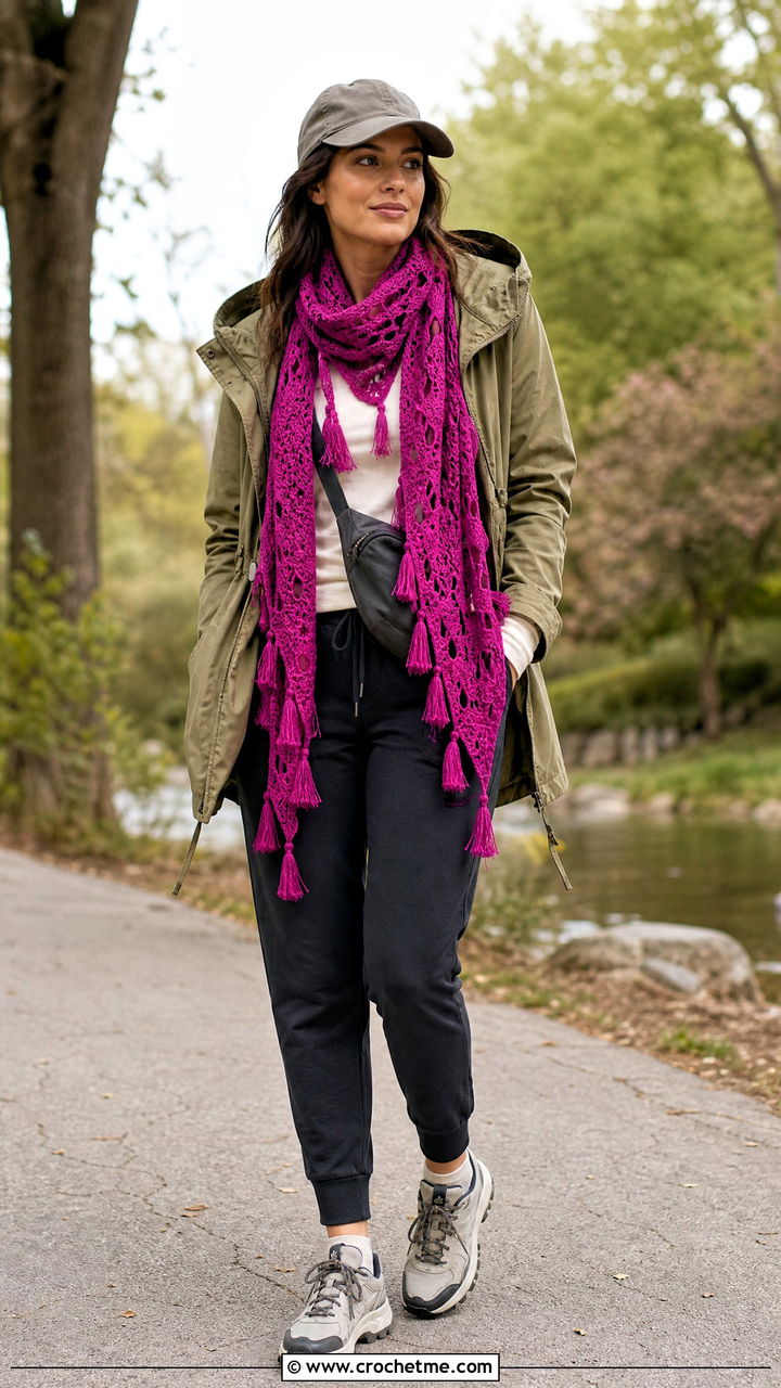Tassel Crochet Lace Scarf With Parka And Joggers - 35 crochet lace scarf outfit ideas