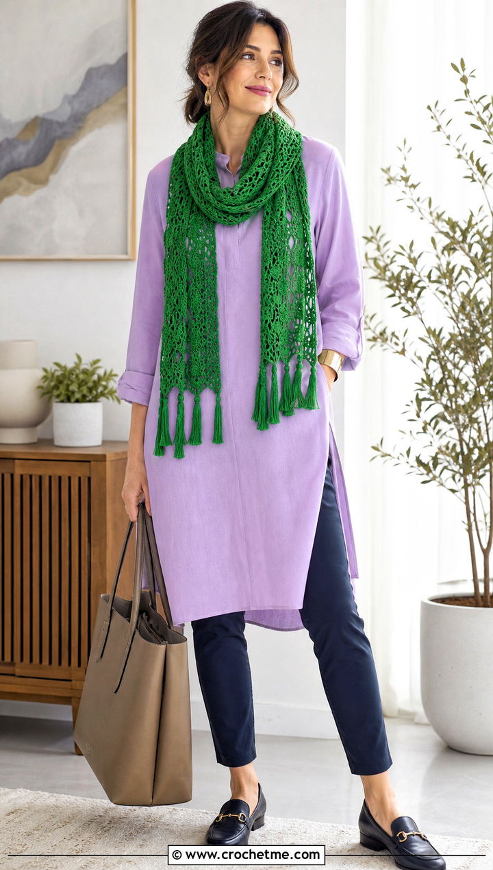Tassel Crochet Lace Scarf With Tunic And Slim Pants - 30 easy crochet lace scarf outfit ideas