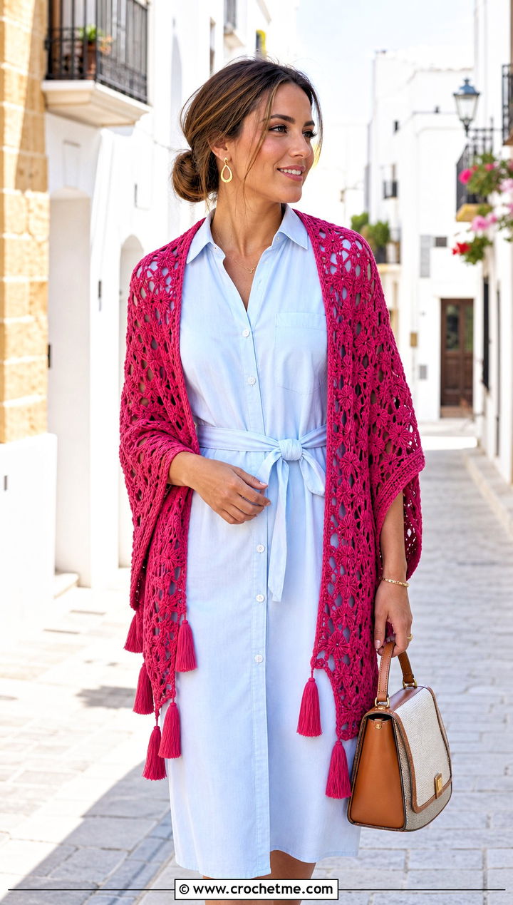 Tassel Crochet Lace Shawl With A Shirt Dress - 30 easy crochet lace shawl outfit ideas