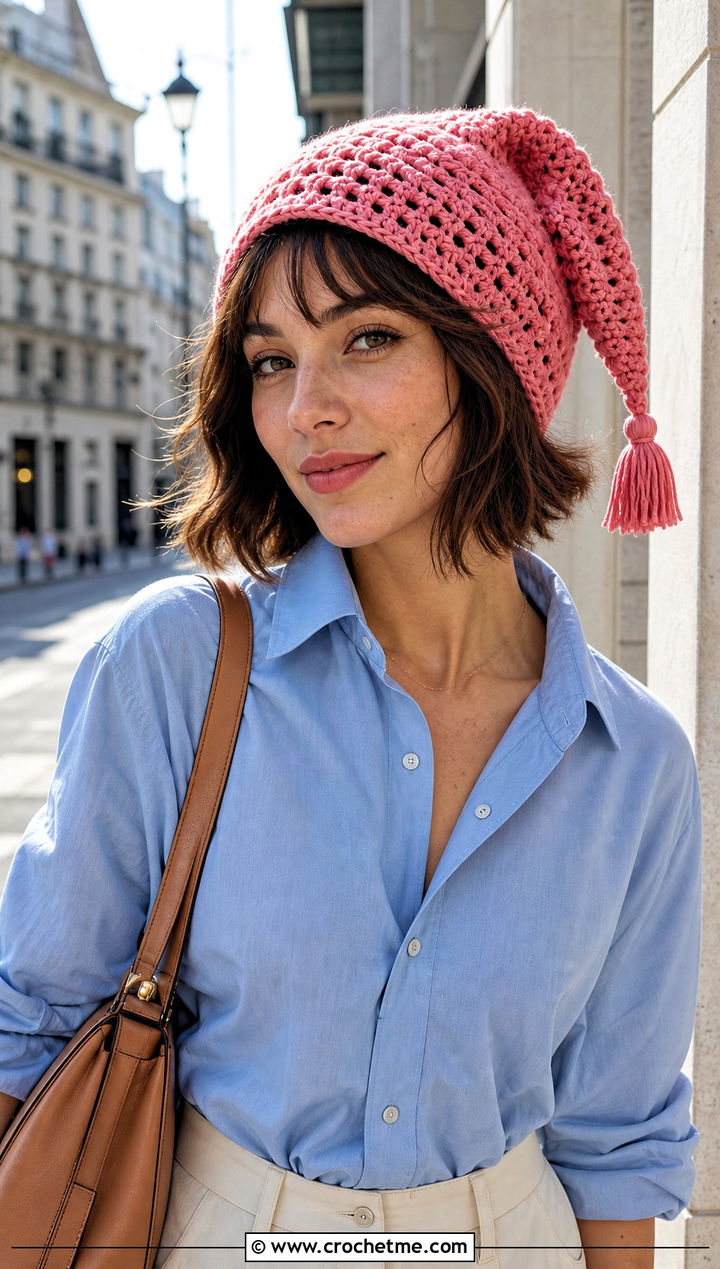 Tassel Crochet Link Hat With Pleated Trousers - 30 crochet link hat outfit ideas