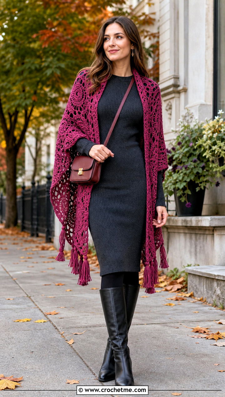 Tassel Crochet Mandala Shawl With Sweater Dress - 25 Crochet Mandala Shawl outfit ideas