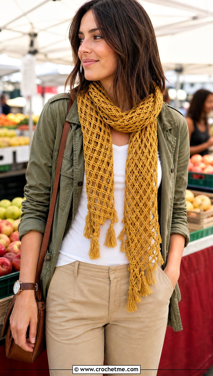 Tassel Crochet Mesh Scarf With Utility Jacket And Chinos - 25 Crochet Mesh Scarf outfit ideas