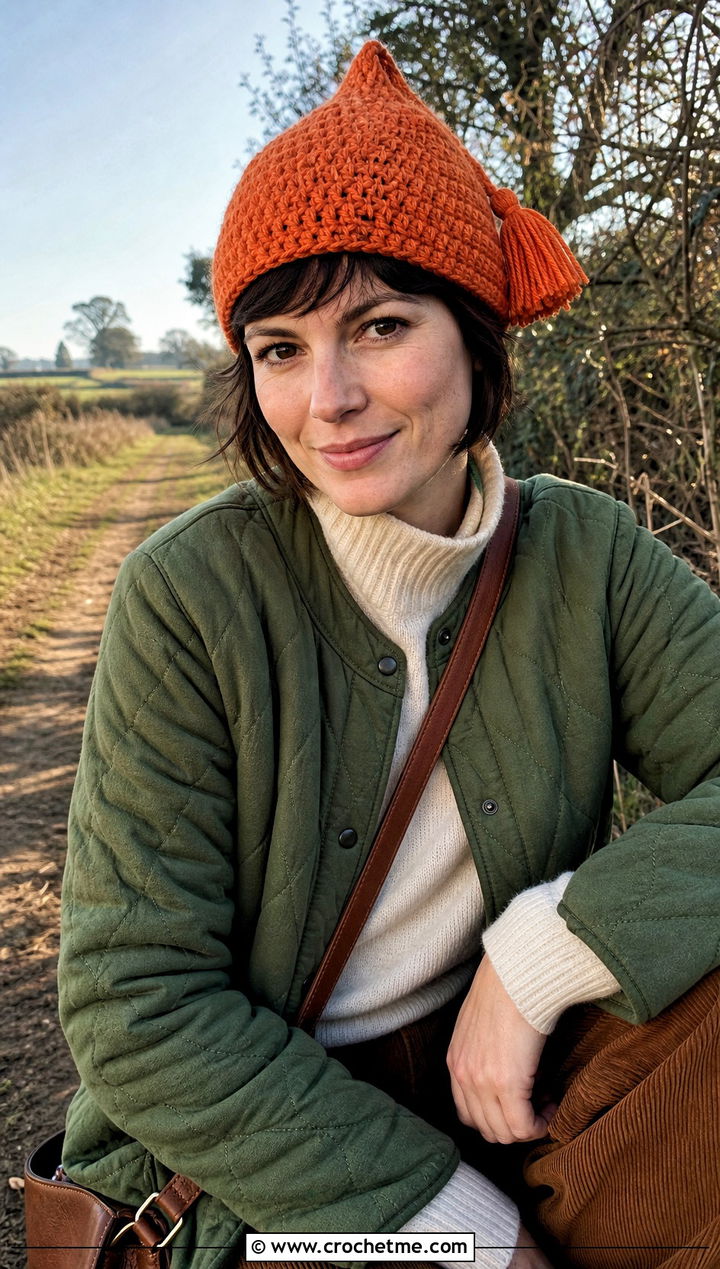 Tassel Crochet Pixie Hat With Quilted Jacket - 30 crochet pixie hat outfit ideas