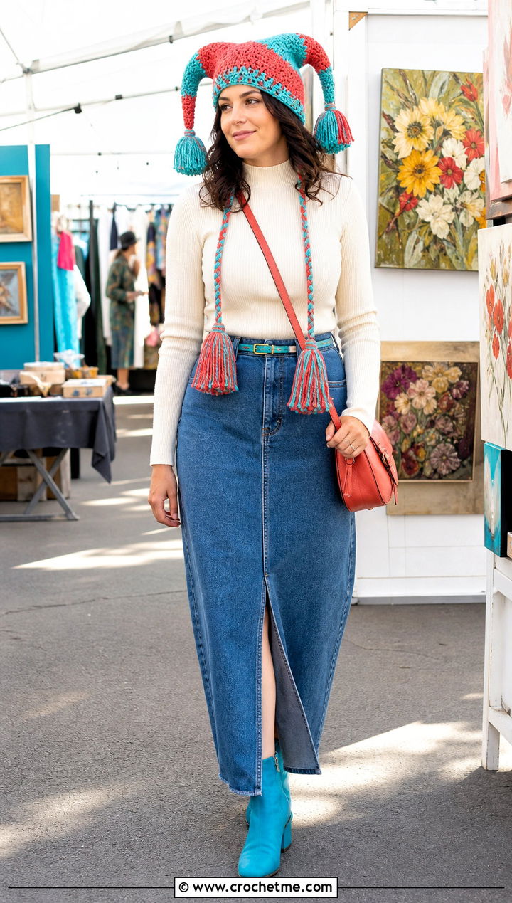 Tassel Crochet Pomni Hat With Denim Maxi Skirt - 35 Crochet Pomni Hat outfit ideas