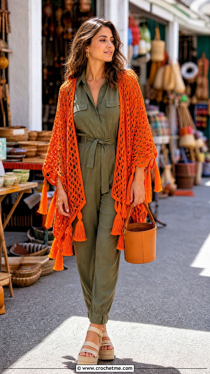 Tassel Crochet Poncho With Utility Jumpsuit - 35 crochet poncho woman outfit ideas
