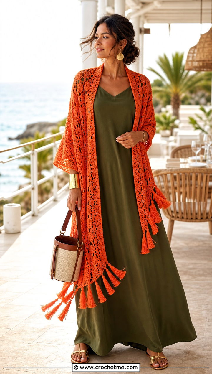 Tassel Crochet Rectangle Shawl With Maxi Dress - 35 Crochet Rectangle Shawl outfit ideas