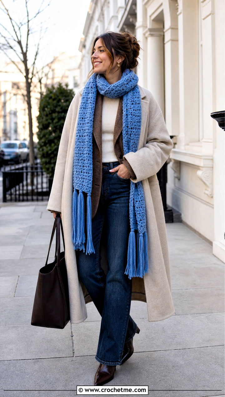 Tassel Crochet Scarf With Blazer and Relaxed Jeans - 35 Winter Crochet Scarf outfit ideas
