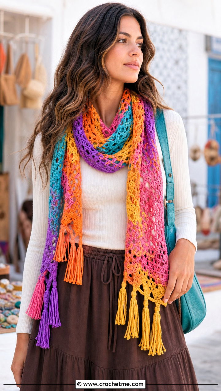 Tassel Crochet Scarf With Boho Maxi Skirt - 25 multi colored crochet scarf outfit ideas