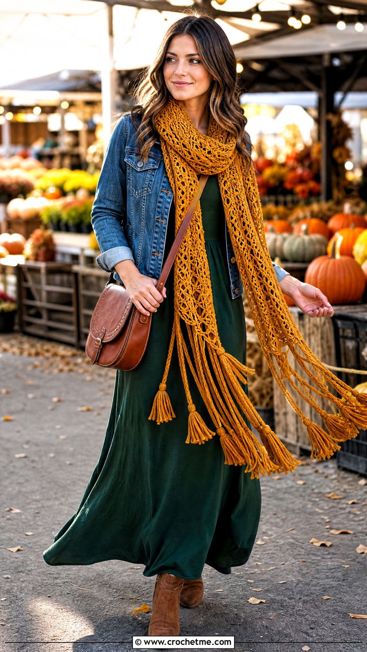 Tassel Crochet Scarf With Maxi Dress And Ankle Boots - 35 simple crochet scarf outfit ideas