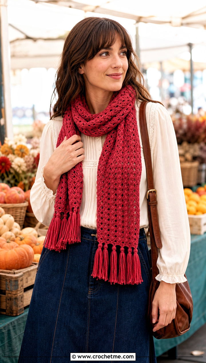 Tassel Crochet Scarf With Prairie Blouse And Denim Skirt - 35 fun crochet scarf outfit ideas