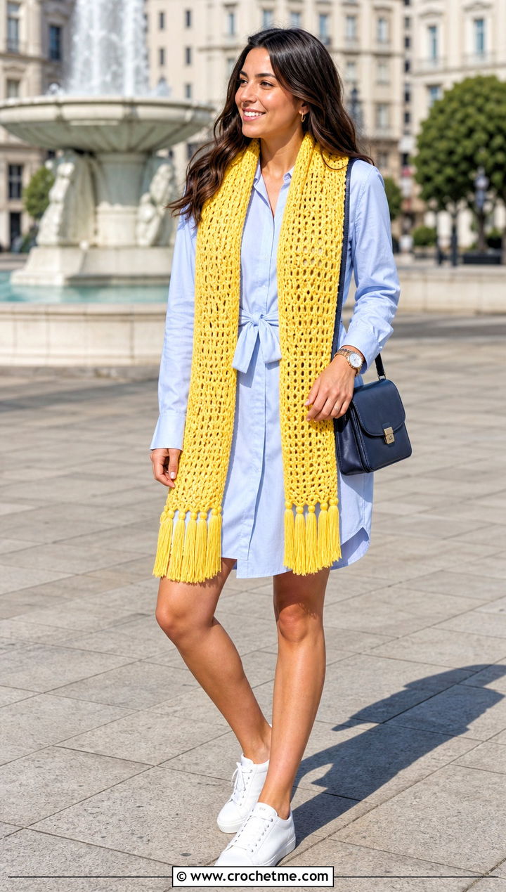 Tassel Crochet Scarf With Shirt Dress And Sneakers - 35 easy crochet scarf for beginners outfit ideas