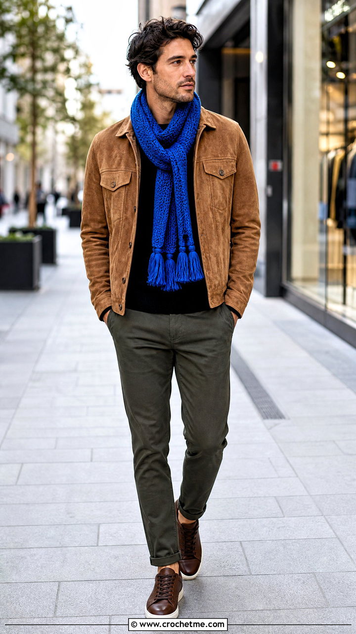 Tassel Crochet Scarf With Suede Jacket - 35 crochet scarf for men outfit ideas