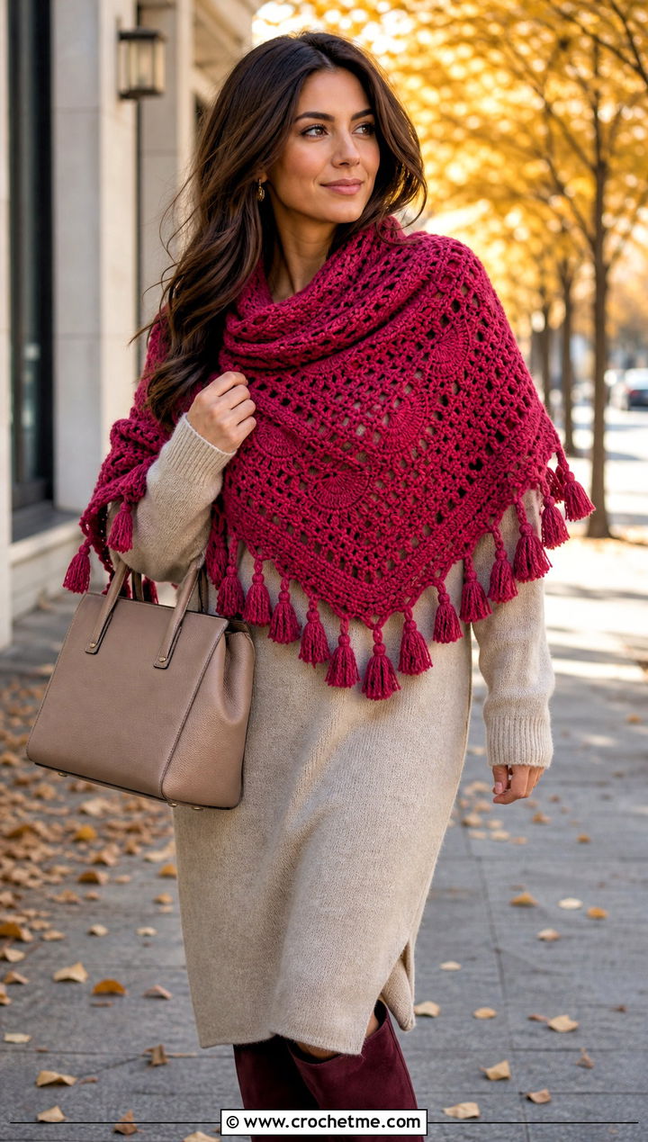 Tassel Crochet Semi Circle Shawl With Sweater Dress - 25 Crochet Semi Circle Shawl outfit ideas