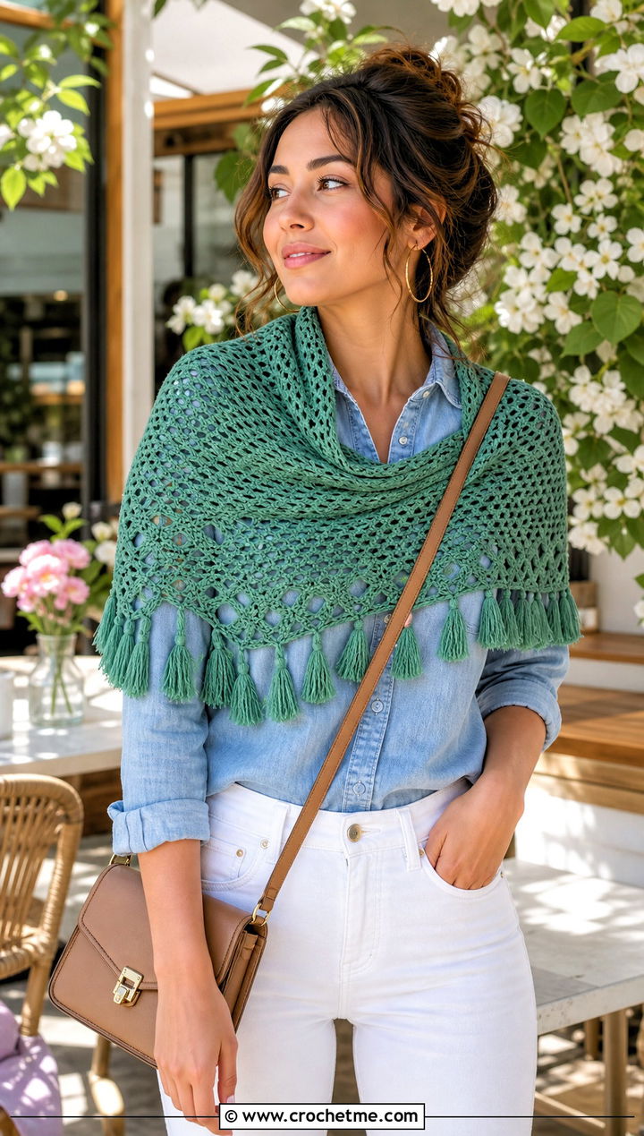 Tassel Crochet Shawl Scarf With Chambray Shirt - 30 crochet shawl scarf outfit ideas