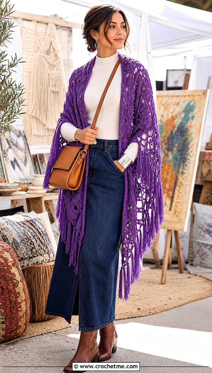 Tassel Crochet Shawl With Denim Maxi Skirt - 30 crochet shawl wrap outfit ideas