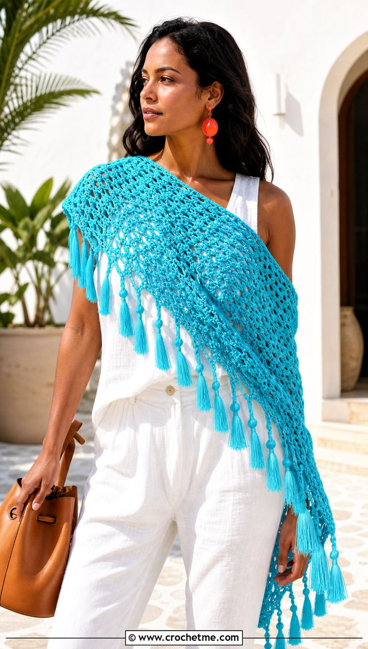 Tassel Crochet Shawl With Linen Set - 15 Never Ending Crochet Shawl outfit ideas