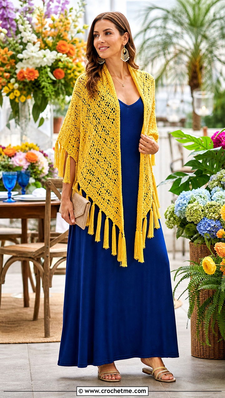 Tassel Crochet Shawl With Maxi Dress - 30 crochet shawl wraps outfit ideas