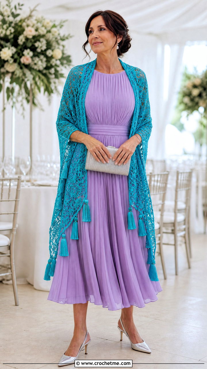 Tassel Crochet Shawl With Pleated Dress - 35 Crocheted Shawls And Wraps outfit ideas