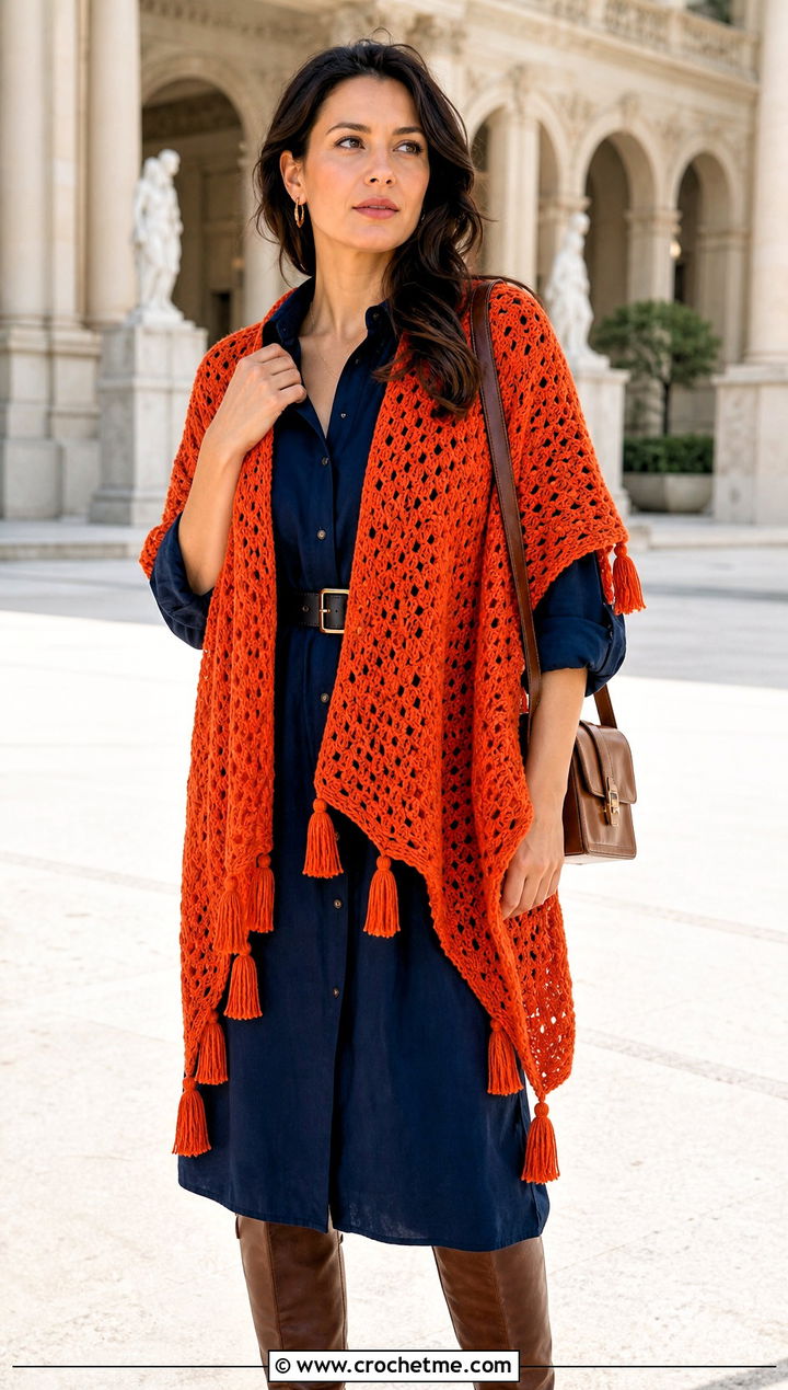Tassel Crochet Shawl With Shirt Dress - 25 Fall Crochet Shawl outfit ideas