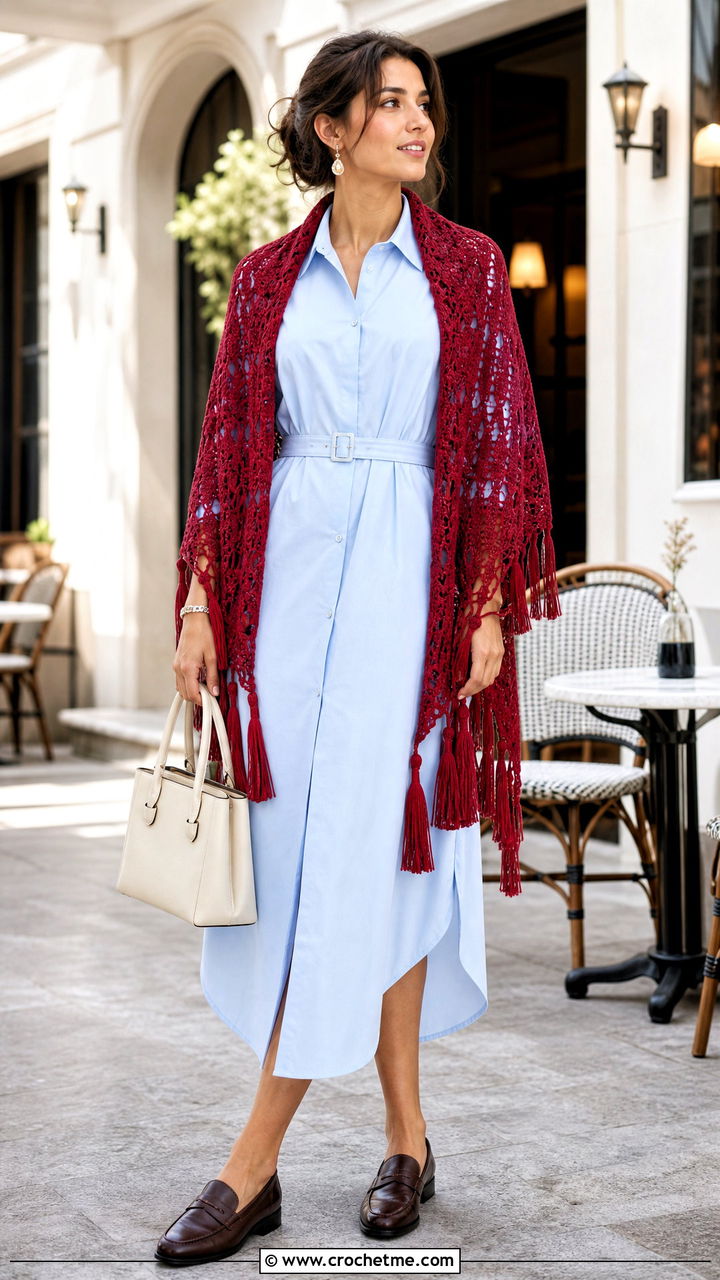 Tassel Crochet Shawl With Shirt Dress - 35 easy simple crochet shawl outfit ideas