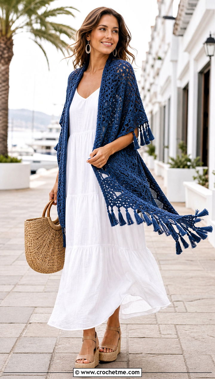 Tassel Crochet Shawl With Tiered Maxi Dress - 35 quick crochet shawl outfit ideas