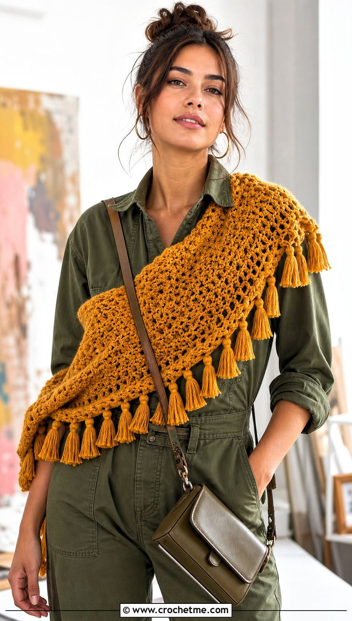 Tassel Crochet Shawl With Utility Jumpsuit - 25 Crochet For Shawl outfit ideas