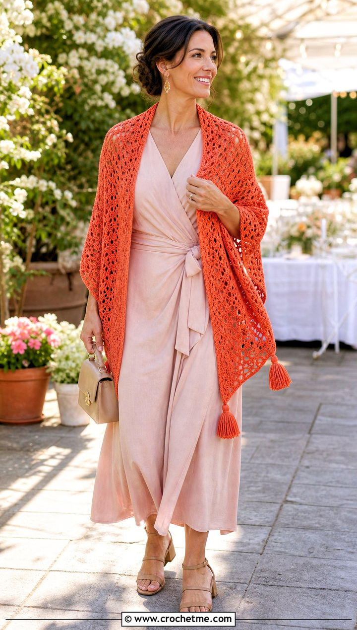 Tassel Crochet Shawl With Wrap Dress - 30 summer crochet shawl outfit ideas