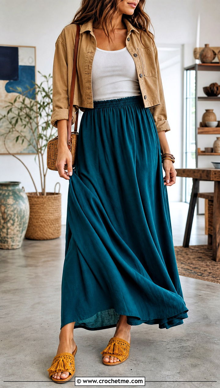 Tassel Crochet Slippers With A Boho Maxi Skirt - 35 easy crochet slippers outfit ideas