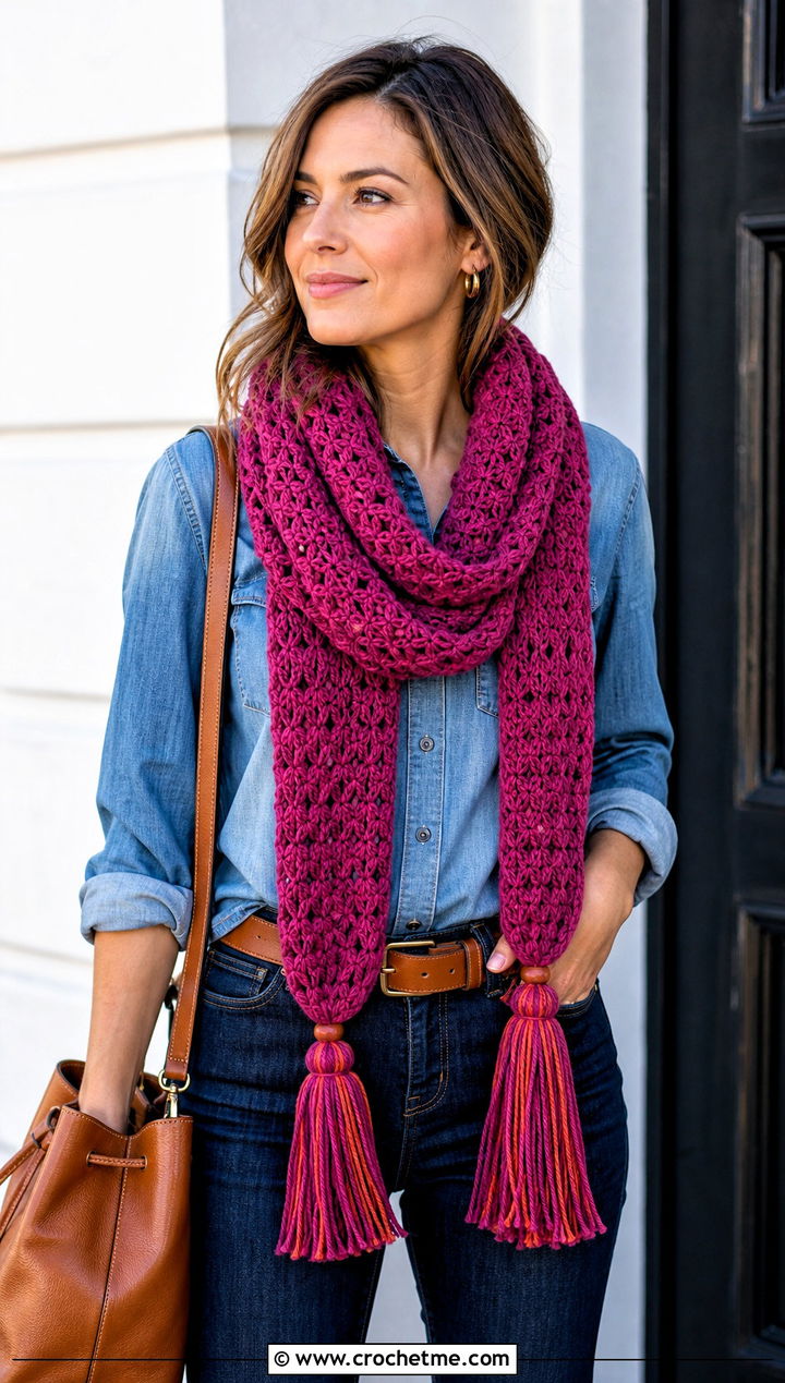 Tassel Crochet Star Stitch Scarf With Double Denim - 25 Crochet Star Stitch Scarf outfit ideas